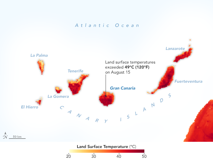 Temperatura superficie Gran Canaria el 15 de Agosto durante Incendio