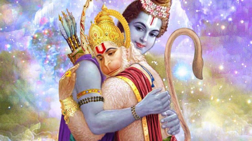 Rama abrazando a Hanuman