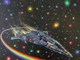spaceship through rainbow space