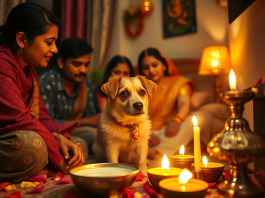 family and dog doing pooja
